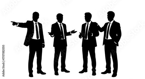Silhouette of four businessmen in suits, engaged in a discussion or presentation, with one pointing.