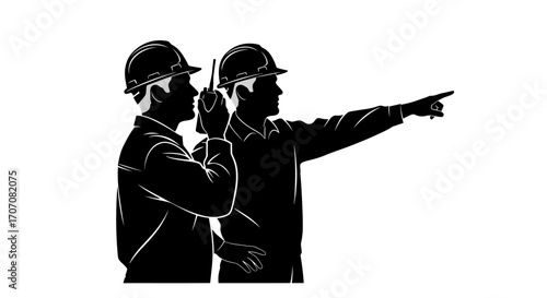 Two construction workers, one holding a walkie-talkie, the other pointing, both wearing hard hats.