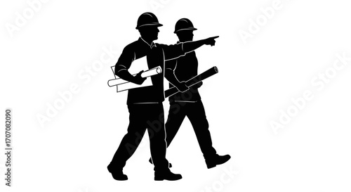 Two construction workers in silhouette, walking and pointing, carrying blueprints.