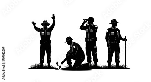 Four park rangers depicted in silhouette, one with raised hands, one with binoculars, one kneeling, and one with a walking stick.