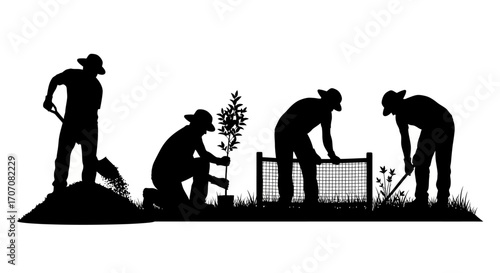 Silhouetted figures plant a tree, dig, and tend to a garden area in a sequence of actions.