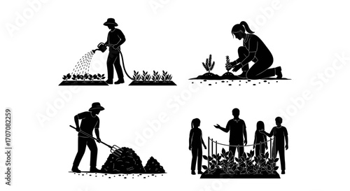 Silhouettes of people gardening: watering, planting, weeding, and family tending plants.
