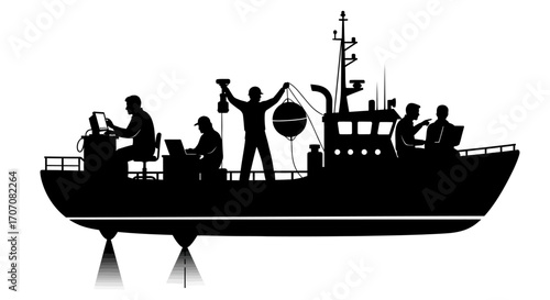 Silhouette of a research vessel with crew members conducting various scientific activities on deck.