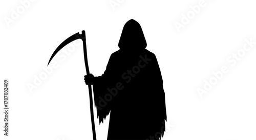 Silhouette of Grim Reaper holding scythe against white background.