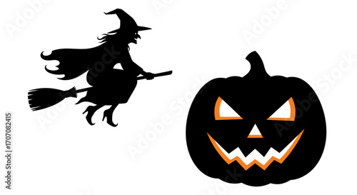 Silhouette of a witch riding a broom next to a carved jack-o'-lantern, Halloween theme.