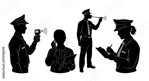 Silhouetted figures of law enforcement officers performing various duties, including using devices.