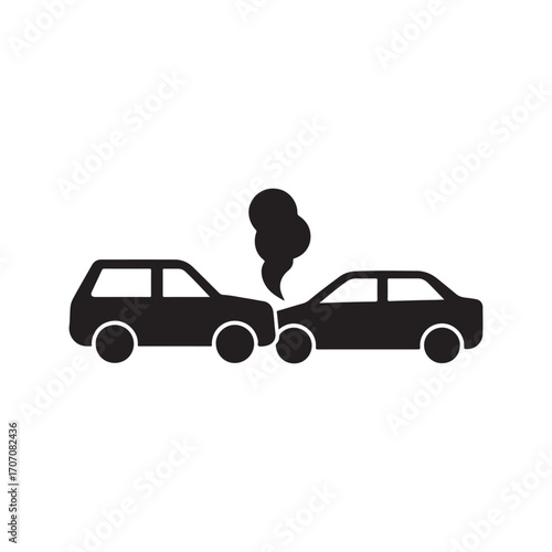 Car accident vector icon illustration showing two vehicles colliding with smoke rising representing insurance claims and road safety awareness campaigns for drivers