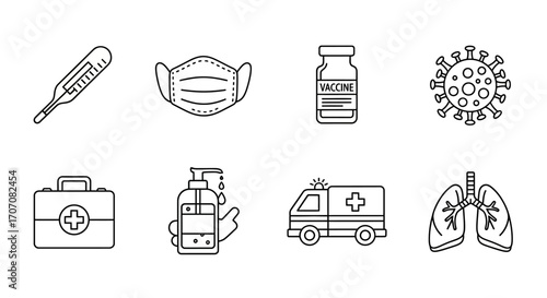 Line art icons depicting medical equipment, vaccine, virus, and other health-related symbols.