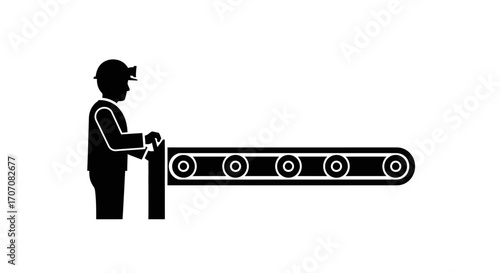 A worker operates a conveyor belt in a simple, black and white illustration.