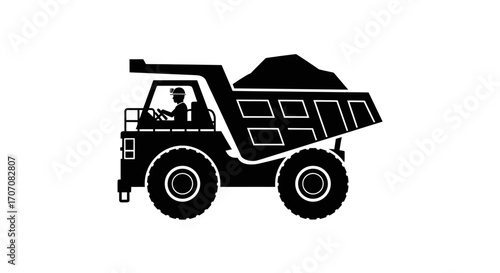 Black and white illustration of a dump truck with driver and load.