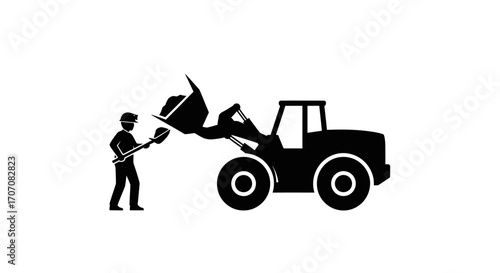 Silhouette of a worker and a front-end loader, likely in a construction or demolition context.