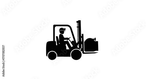 A simplified silhouette of a forklift operator maneuvering a vehicle with a load.