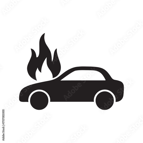 Car on fire vector icon illustration representing vehicle damage and emergency situation isolated on white background suitable for graphic design and automotive safety awareness projects