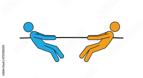 Two stylized figures engaged in a tug-of-war, pulling on a rope.