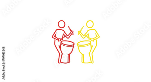 Two stylized figures rhythmically playing drums, vibrant red and yellow, minimalist design.