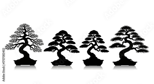 Four black silhouette bonsai trees in pots, displayed against a white background, with reflections.
