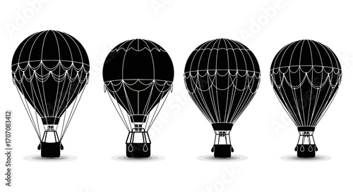 Four black hot air balloons in silhouette, showcasing different designs and details, isolated on white.