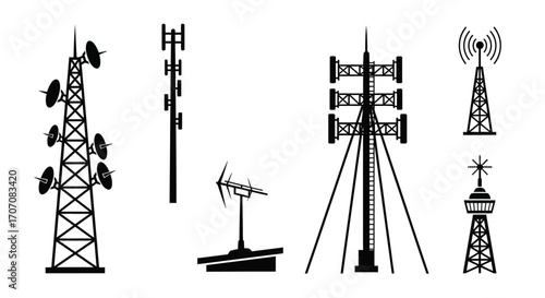 Various communication towers and antennas are depicted in black silhouette against a white background.