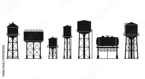A collection of various stylized black silhouettes of water towers, standing tall.