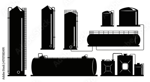Silhouette illustration of various industrial storage tanks and containers, connected by pipes, in different shapes and sizes.