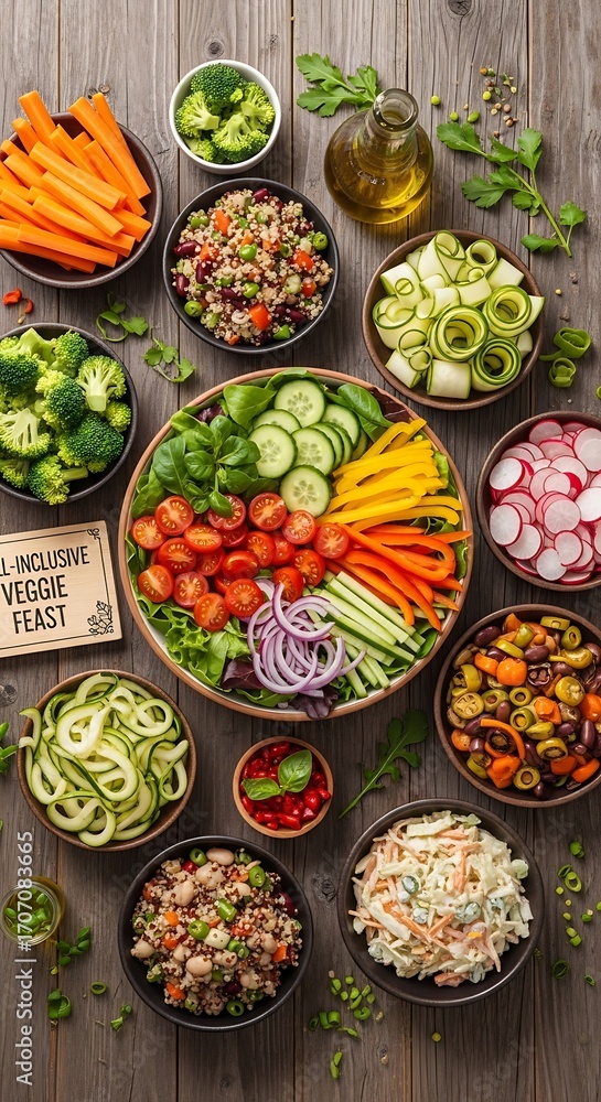 Fototapeta premium A colorful array of fresh vegetables, salads, and grains, showcasing a healthy and diverse vegetarian meal.