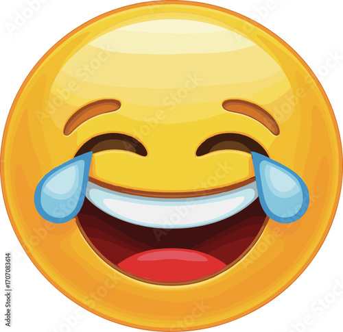 Laughing emoji face with tears of joy, happy expression, emotional cartoon smile, joyful reaction, flat vector illustration, comic style