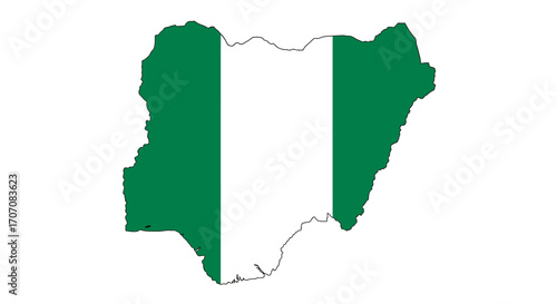 A green and white map of Nigeria outlined in black is set against a stark white background