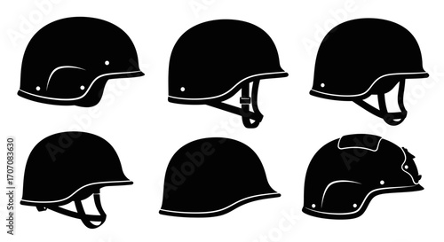 Six different views of a black military helmet, showcasing various angles and details.