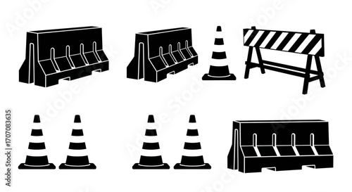 Road construction safety barriers and traffic cones, black and white icons.