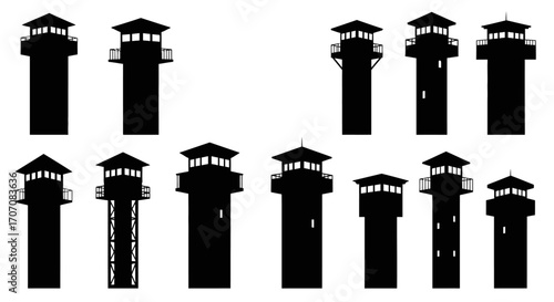 A collection of black silhouette illustrations depicting various watchtowers, each with unique architectural details.