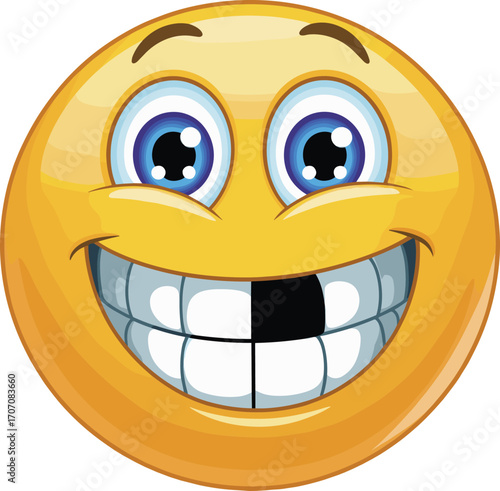 Funny jumping emoji character with happy face, wide smile, silly legs, joyful cartoon expression, emotional reaction, flat vector illustration