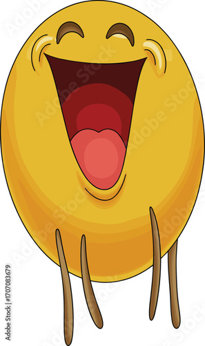 Funny emoji character jumping with joy, laughing hard, cartoon expression, emotional smile, comic reaction, flat vector illustration, joyful design