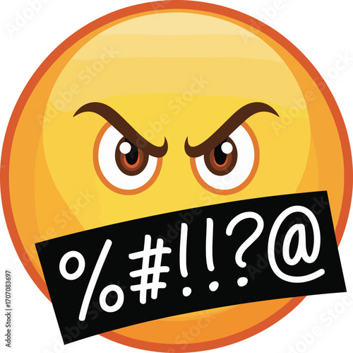 Angry emoji face with censored mouth, swearing symbols, cartoon style, emotional expression, flat vector illustration for digital content