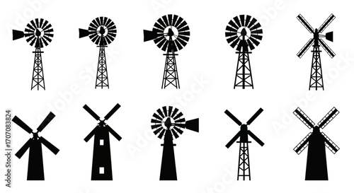 Collection of various black silhouette illustrations of windmills, showcasing different styles and designs.