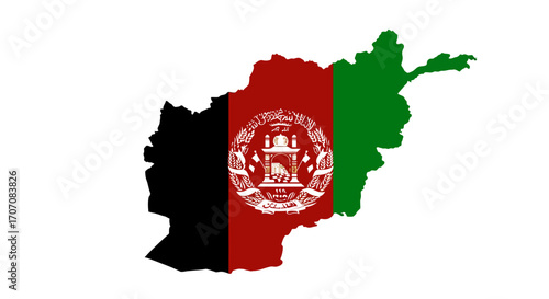 Afghanistans flagshaped map black red green tricolor with a central emblem set against a plain white background