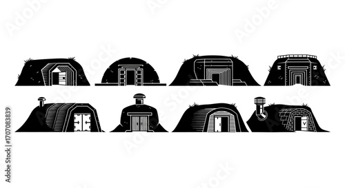 A collection of stylized black and white illustrations depicting various bunker entrances nestled within earth mounds.