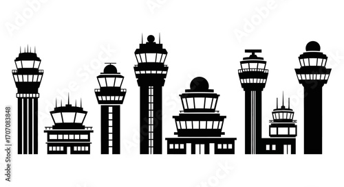 A silhouette illustration of various air traffic control towers, showcasing different architectural designs against a white background.