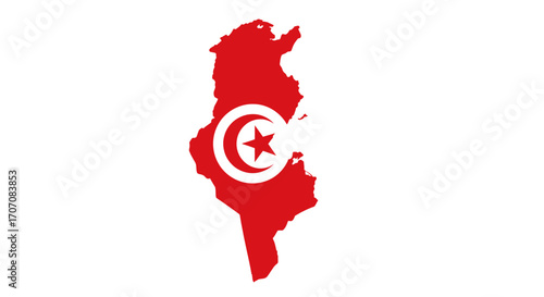 A red silhouette of Tunisia with the nations white crescent and star flag emblem in its center