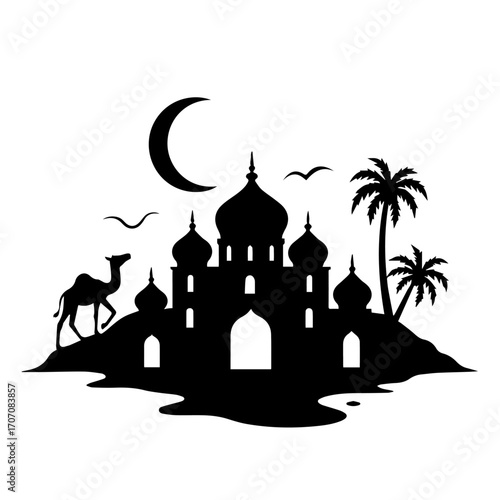 silhouette of mosque with camel