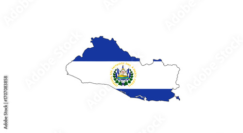 A white background displays the flag of El Salvador shaped in the nations territorial outline