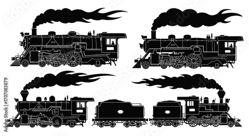 Silhouette illustrations of vintage steam locomotives, showcasing different angles and perspectives.