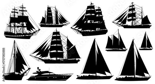 A collection of black silhouette illustrations depicting various sailing vessels, including yachts and tall ships.
