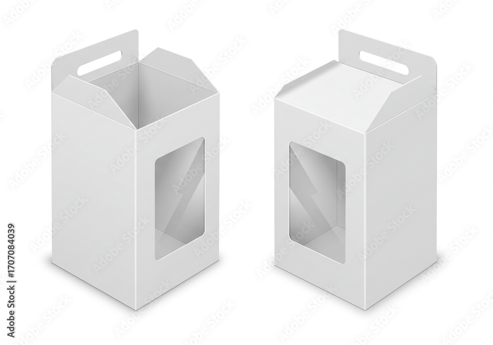 Fototapeta premium Clean white display boxes with clear window, perfect for product packaging and retail presentation