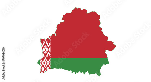 Belaruss flag within a map outline featuring red green and white colors and traditional Slavic ornamentation