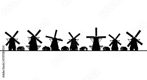 A row of classic Dutch windmills and houses, silhouetted against a white background.