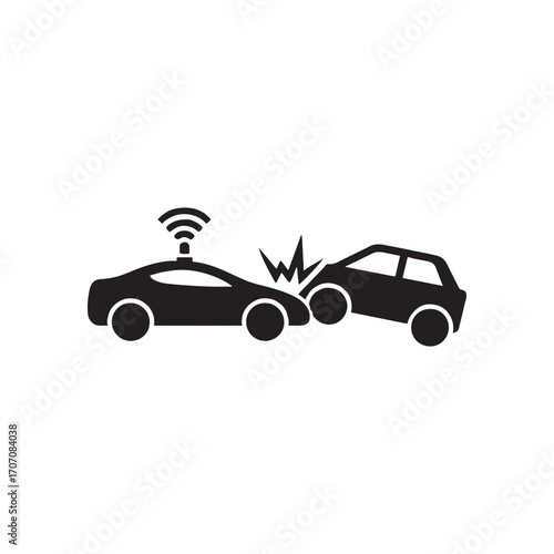 Self driving car accident illustration with autonomous vehicle colliding with another car and wireless connection showing the technology involved in the crash