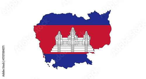 Cambodias flag overlaid on a map outline of the country