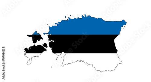 Estonia map outlined in black filled with the blue black and white stripes of the Estonian flag
