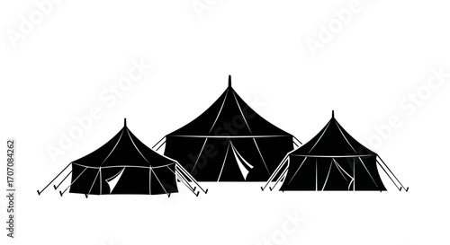 Three black tents of varying sizes are depicted against a white background in a simple, graphic illustration.