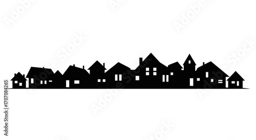 Silhouette of a quaint, residential town, showing various house styles.